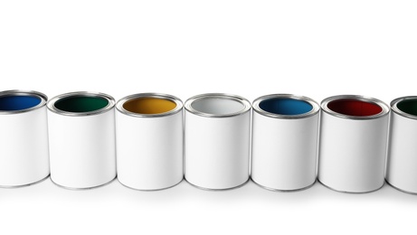 Row of blank paint cans on white background. Space for design