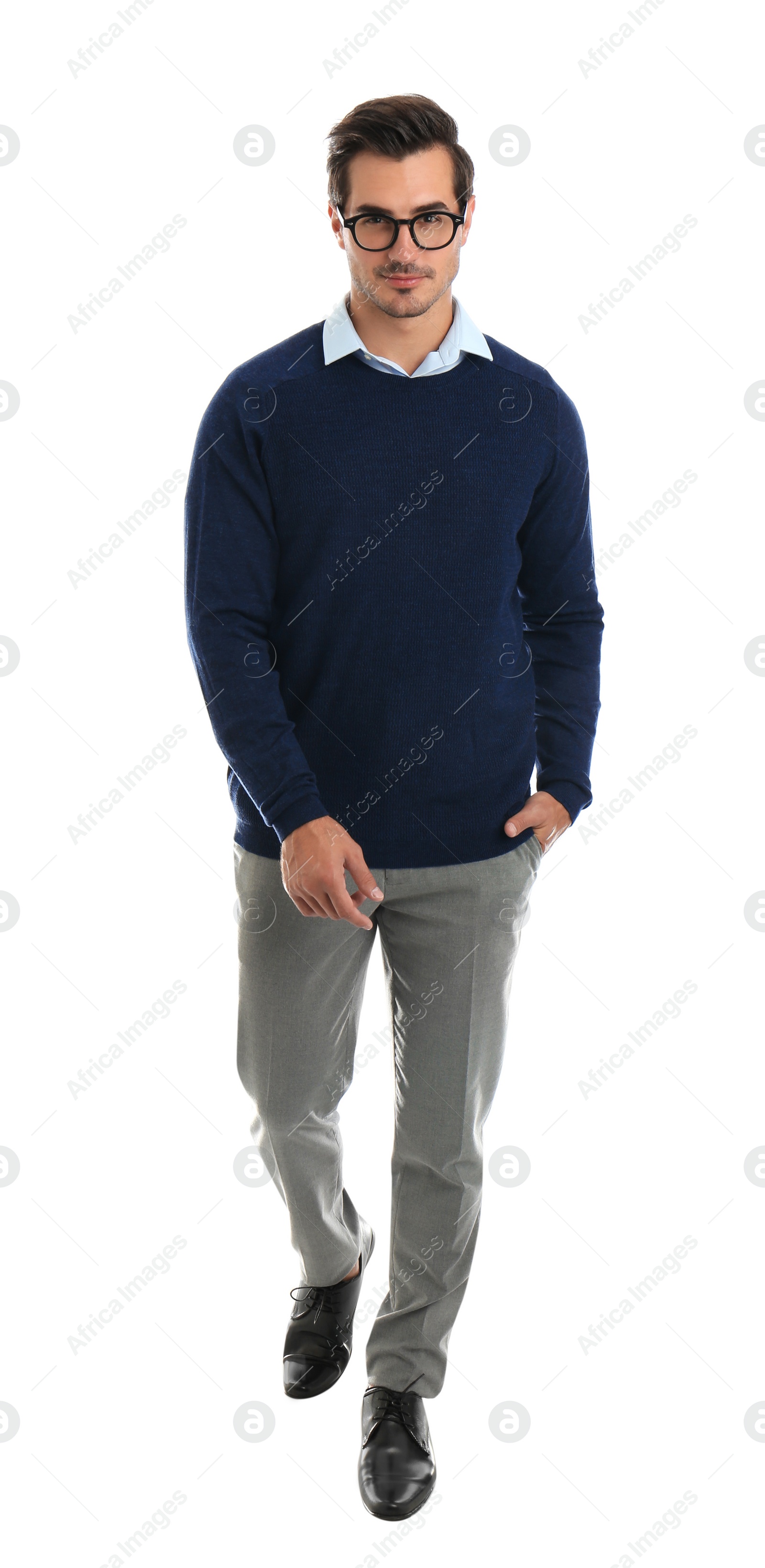 Photo of Young man with glasses on white background