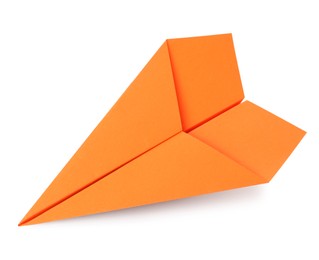 Photo of Handmade orange paper plane isolated on white