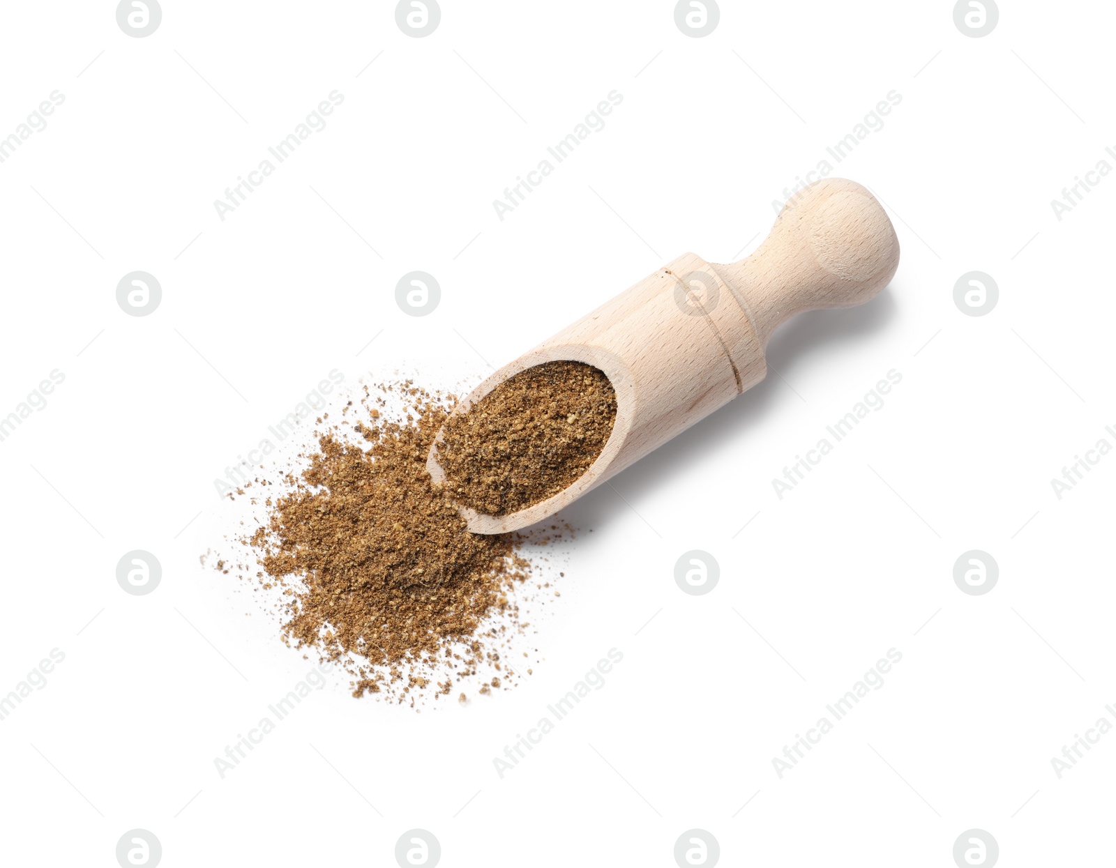 Photo of Scoop and aromatic caraway (Persian cumin) powder isolated on white, top view