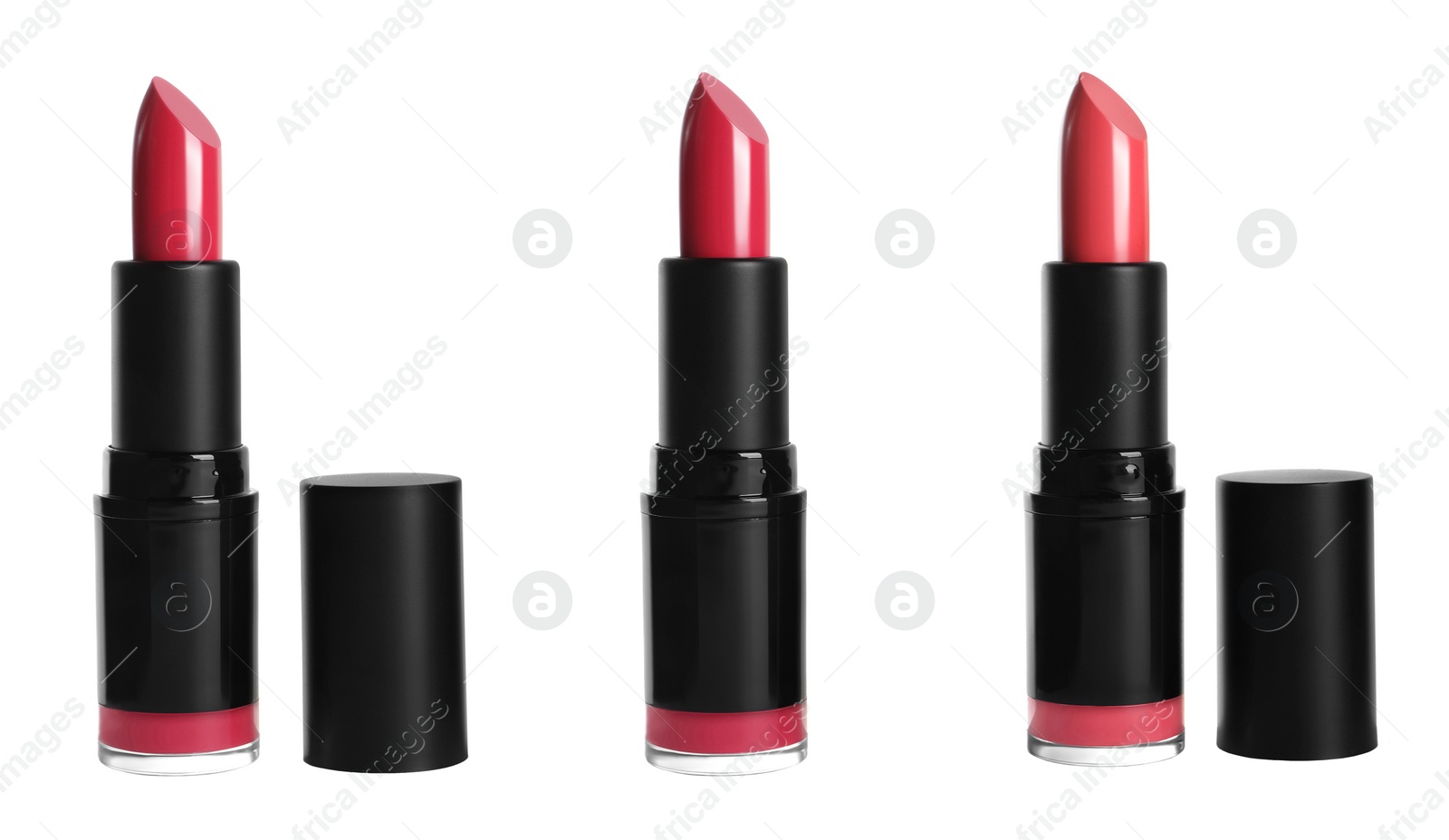 Image of Set with different beautiful lipsticks on white background