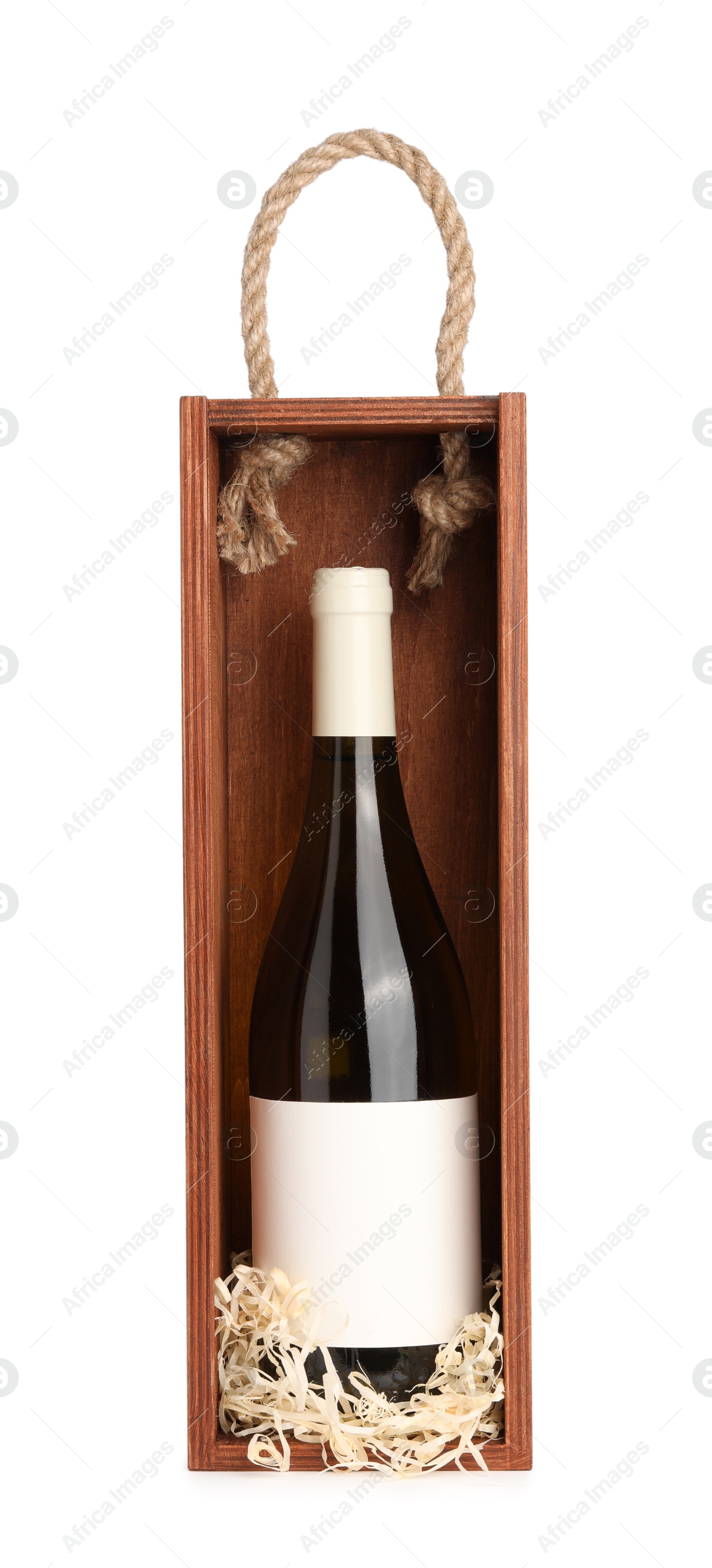 Photo of Wooden gift box with wine isolated on white