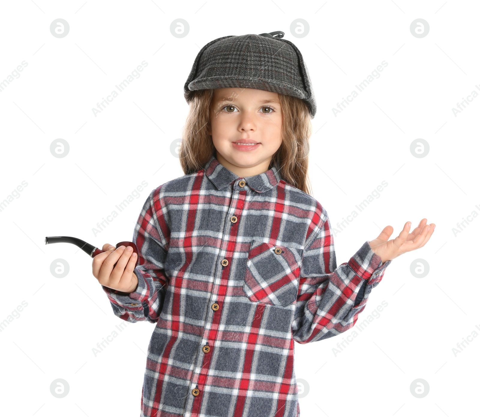 Photo of Cute little child in hat with smoking pipe playing detective on white background