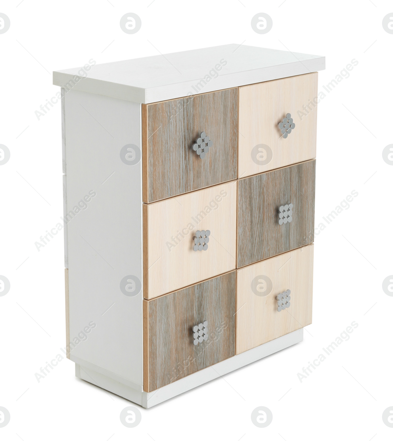 Photo of Stylish chest of drawers on white background. Furniture for wardrobe room