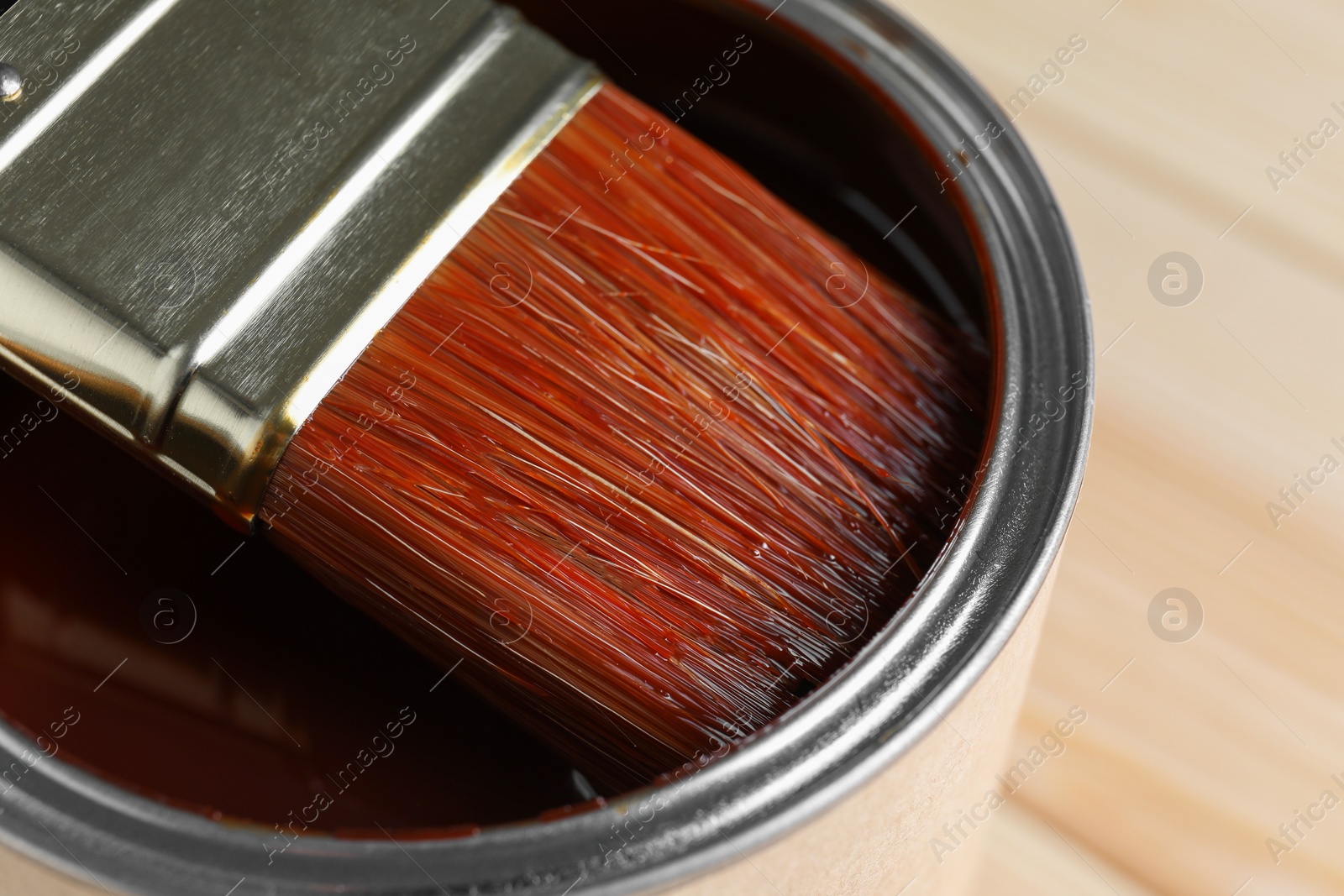 Photo of Dipping brush into can with wood stain on table, closeup