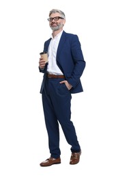 Mature businessman in stylish clothes with cup of drink on white background