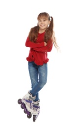 Photo of Little girl with inline roller skates on white background