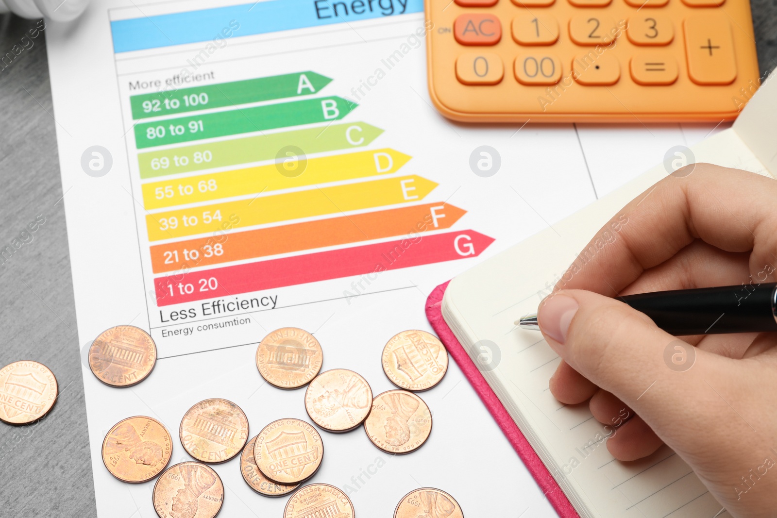 Photo of Woman with pen, notebook, calculator, coins and energy efficiency rating chart at table, closeup