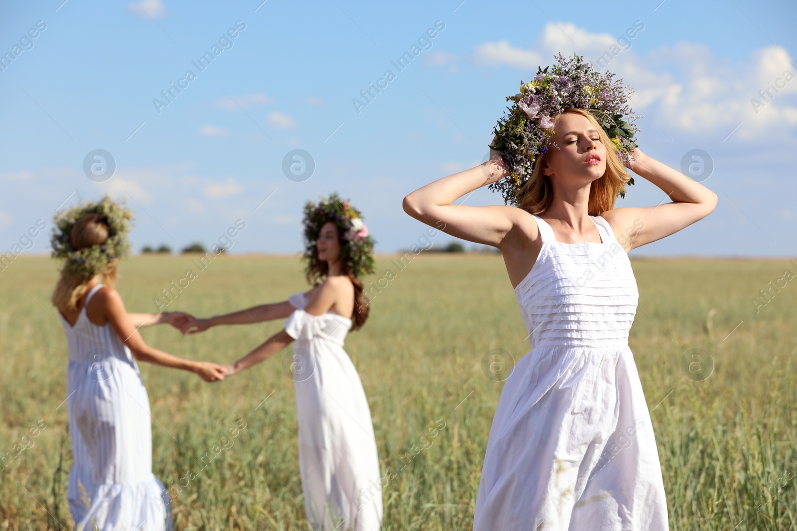 Photo of Young women wearing wreaths made of beautiful flowers in field on sunny day