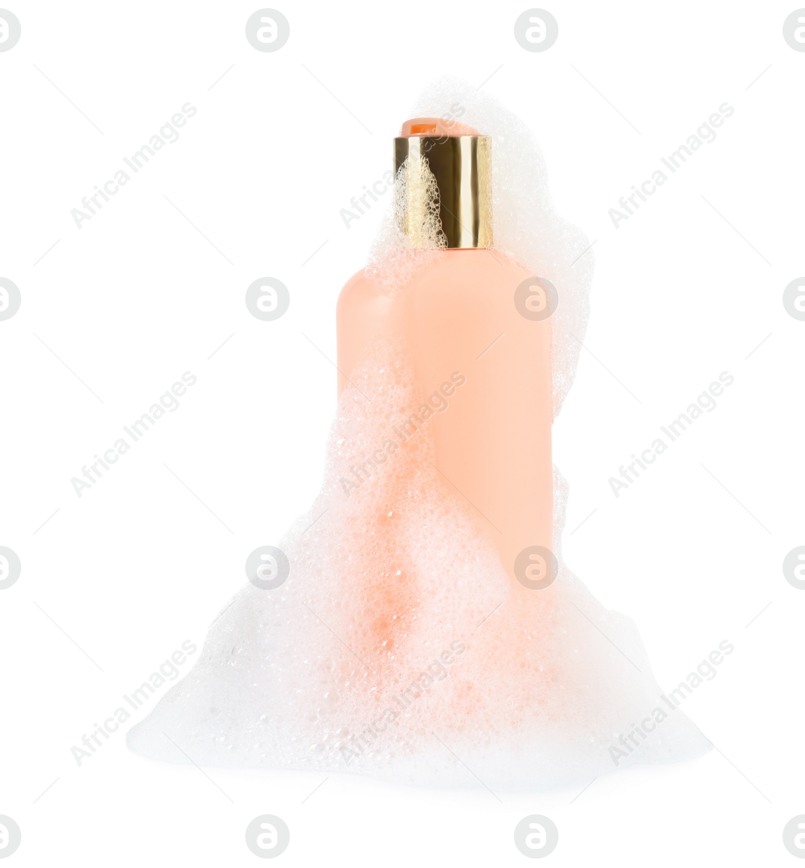 Photo of Bottle of bubble bath with foam isolated on white