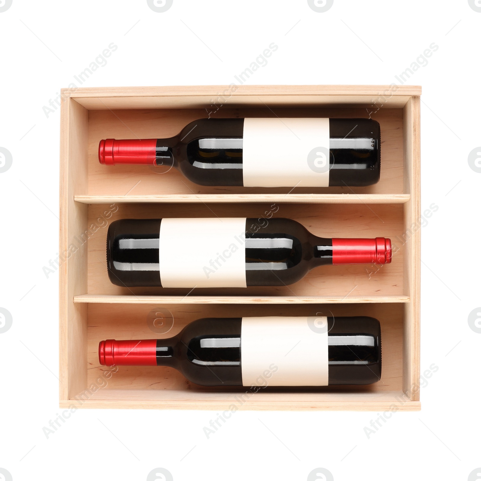 Photo of Wooden gift box with wine bottles isolated on white, top view