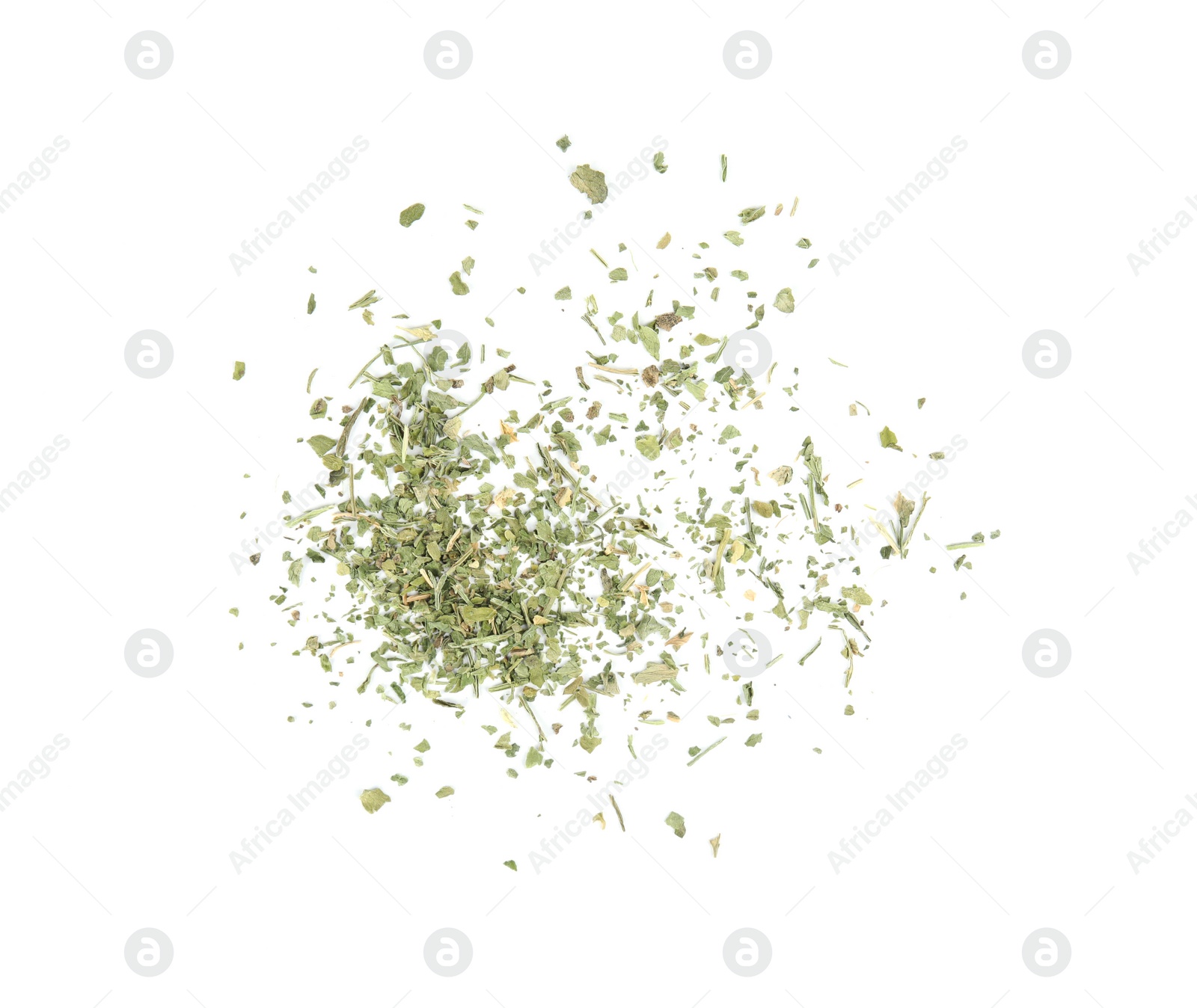 Photo of Scattered dried parsley on white background, top view