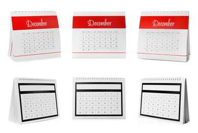 Image of Set of different paper calendars on white background