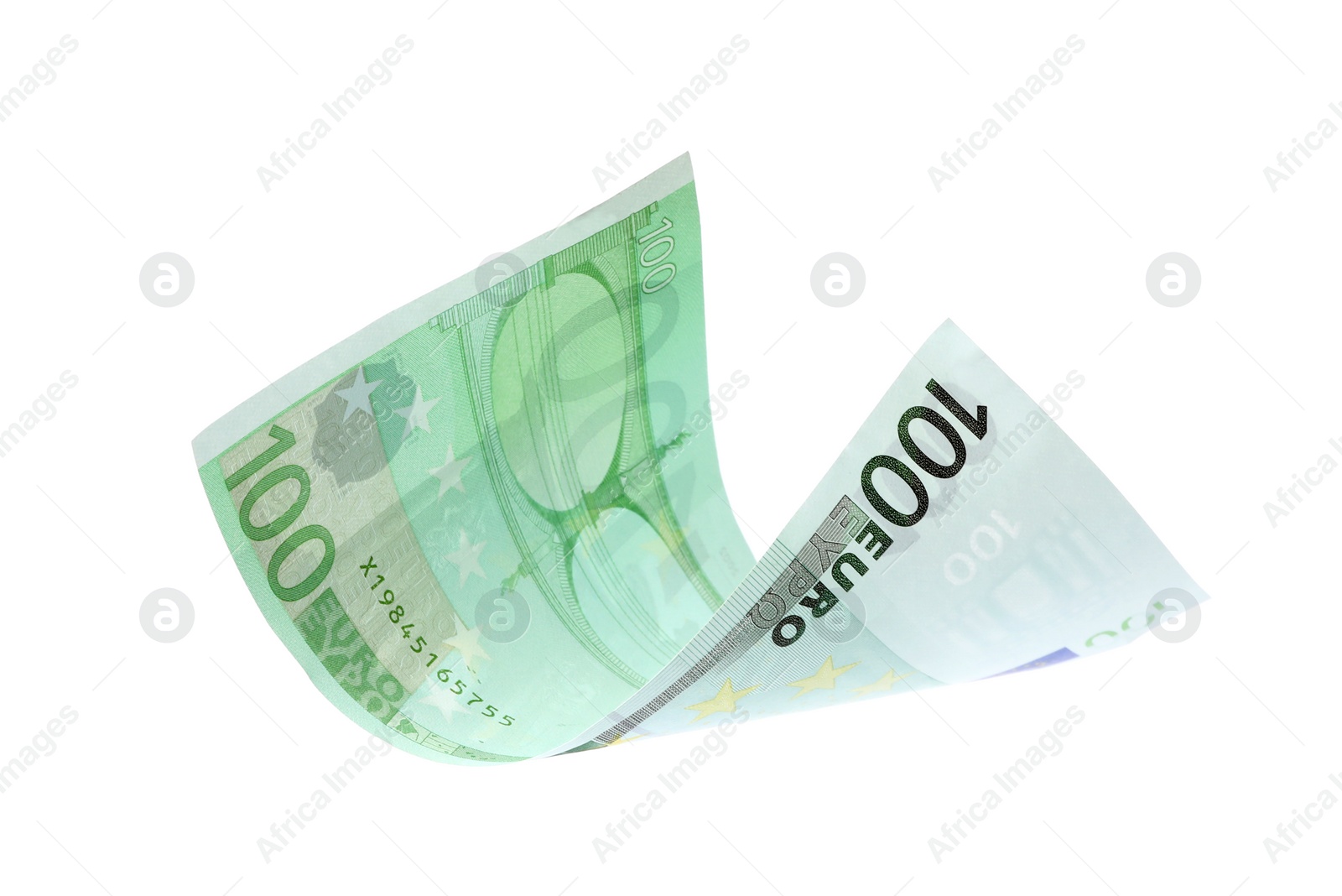 Photo of Flying one hundred Euro banknote isolated on white