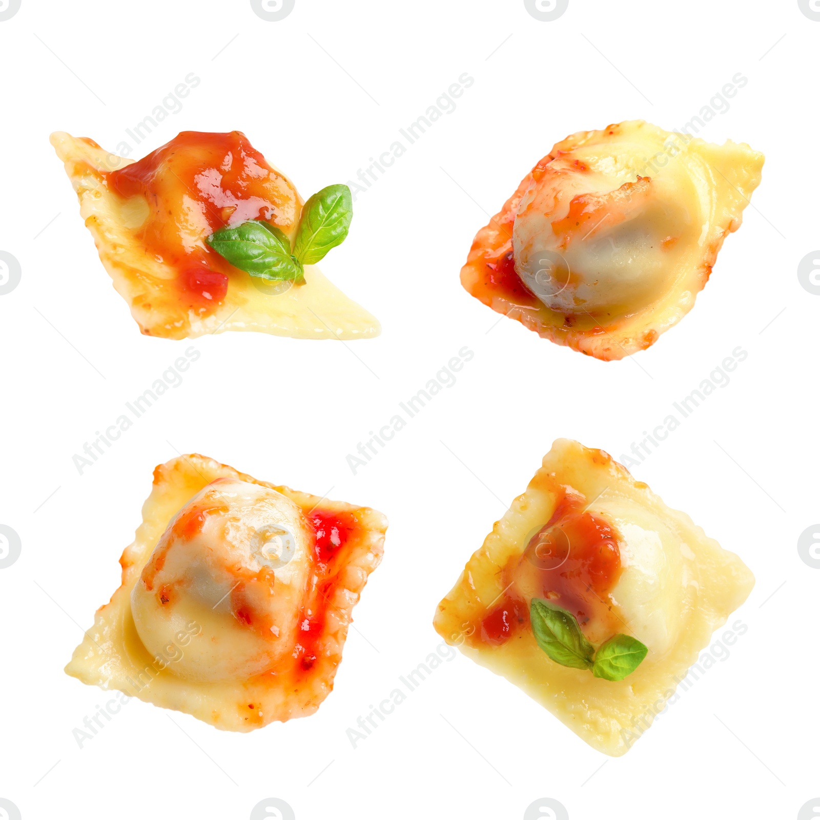 Image of Set of tasty ravioli with tomato sauce on white background