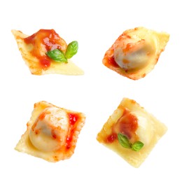 Image of Set of tasty ravioli with tomato sauce on white background
