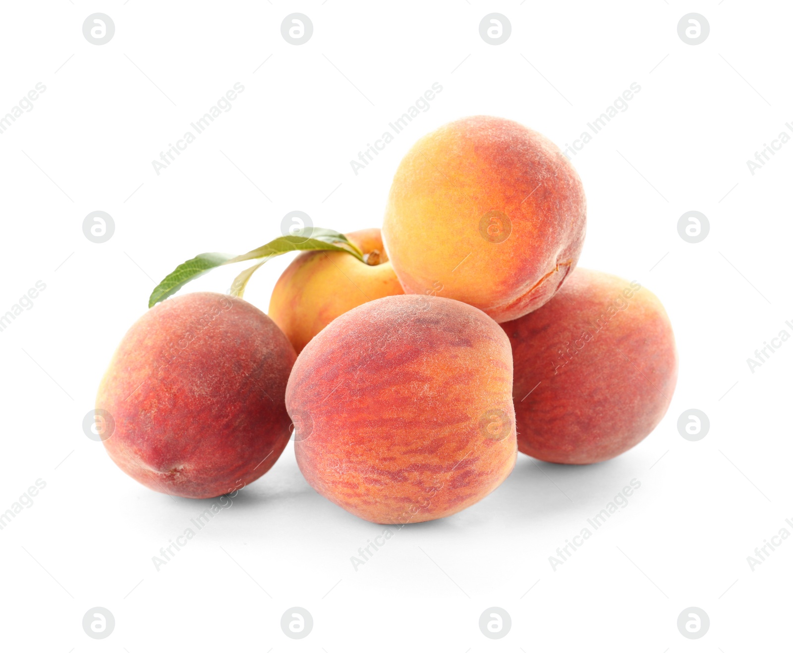 Photo of Fresh sweet peaches on white background