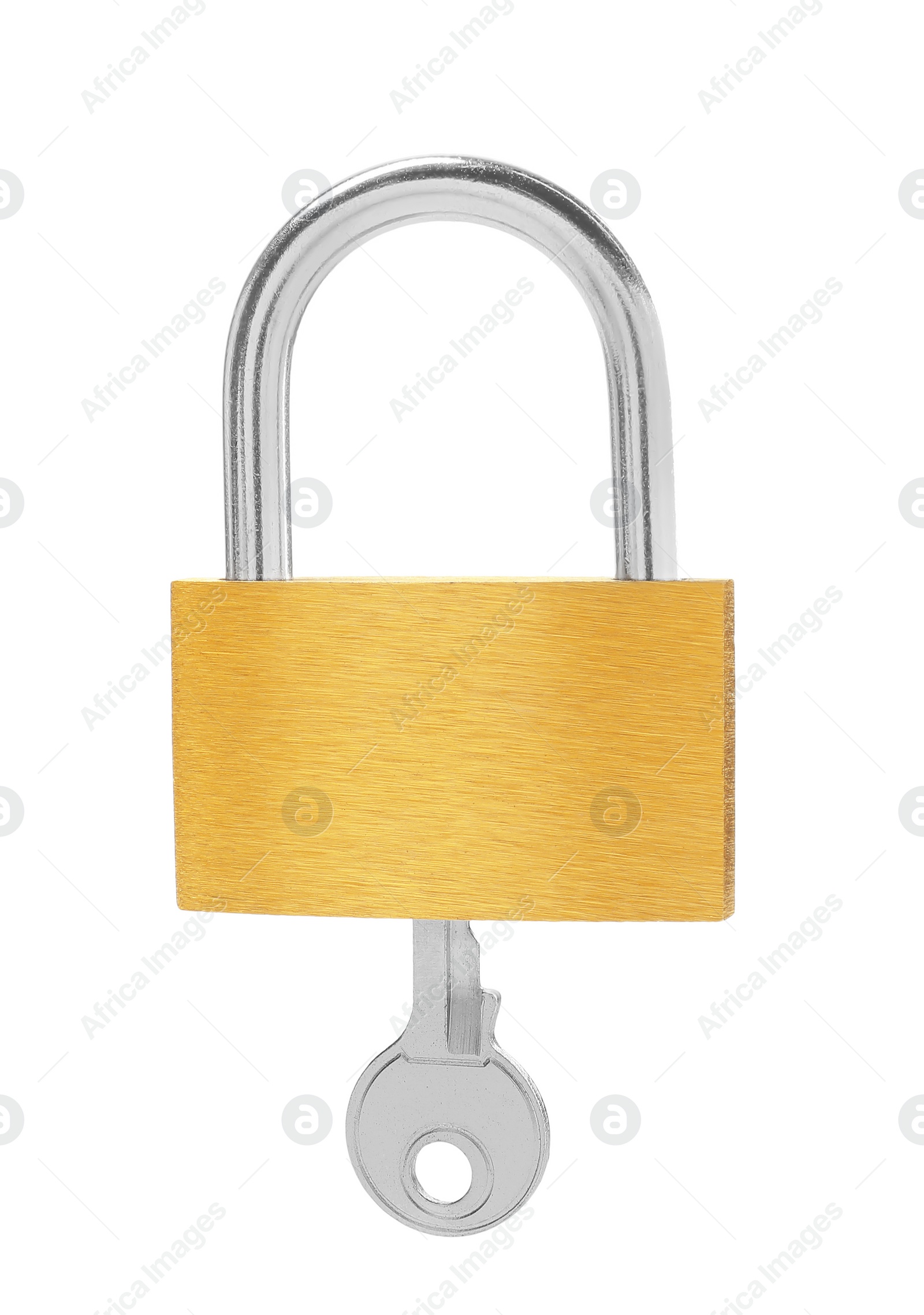 Photo of Steel padlock and key isolated on white