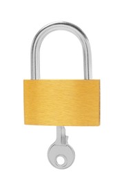 Photo of Steel padlock and key isolated on white