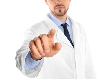 Photo of Male doctor pointing on white background, closeup