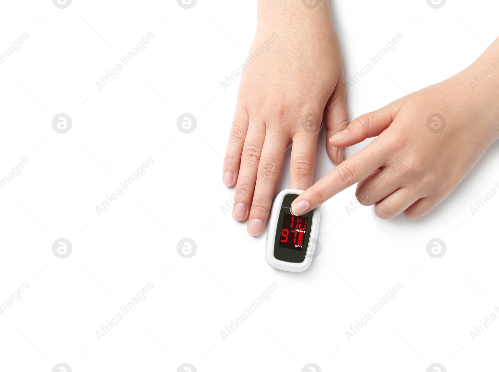 Photo of Woman using fingertip pulse oximeter on white background, top view. Space for text
