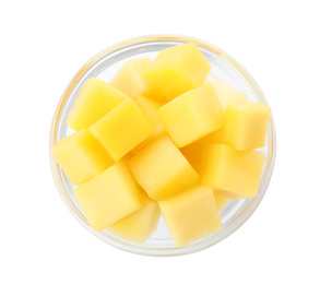 Tasty mango cubes in glass bowl isolated on white, top view