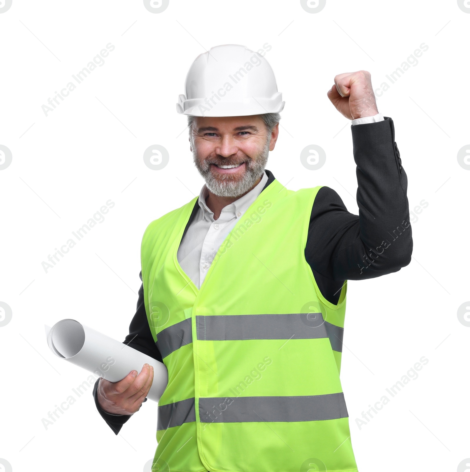 Photo of Architect in hard hat holding draft on white background