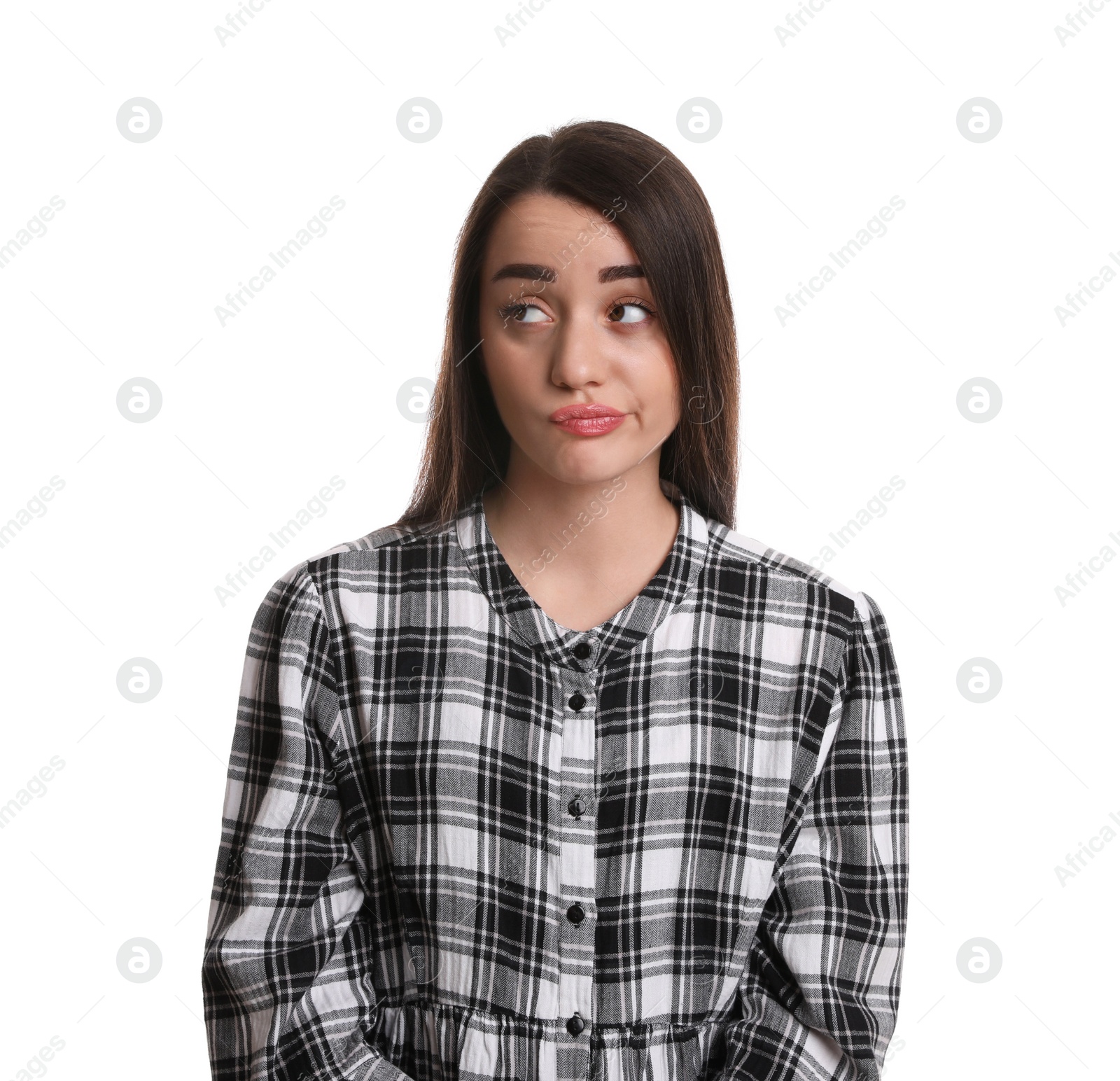 Photo of Portrait of emotional young woman on white background. Personality concept