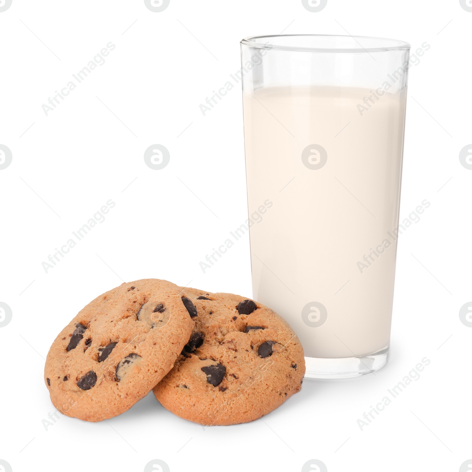 Photo of Delicious chocolate chip cookies and milk isolated on white