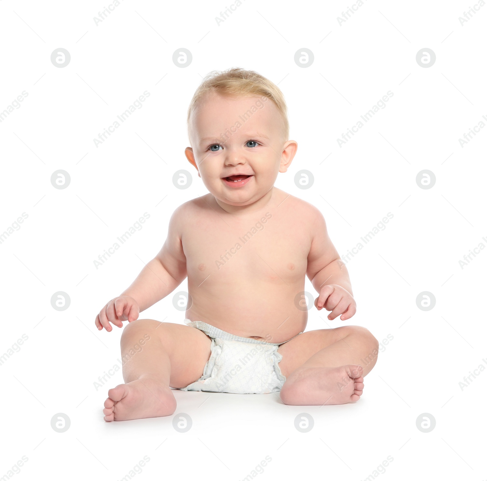 Photo of Cute little baby on white background. Crawling time