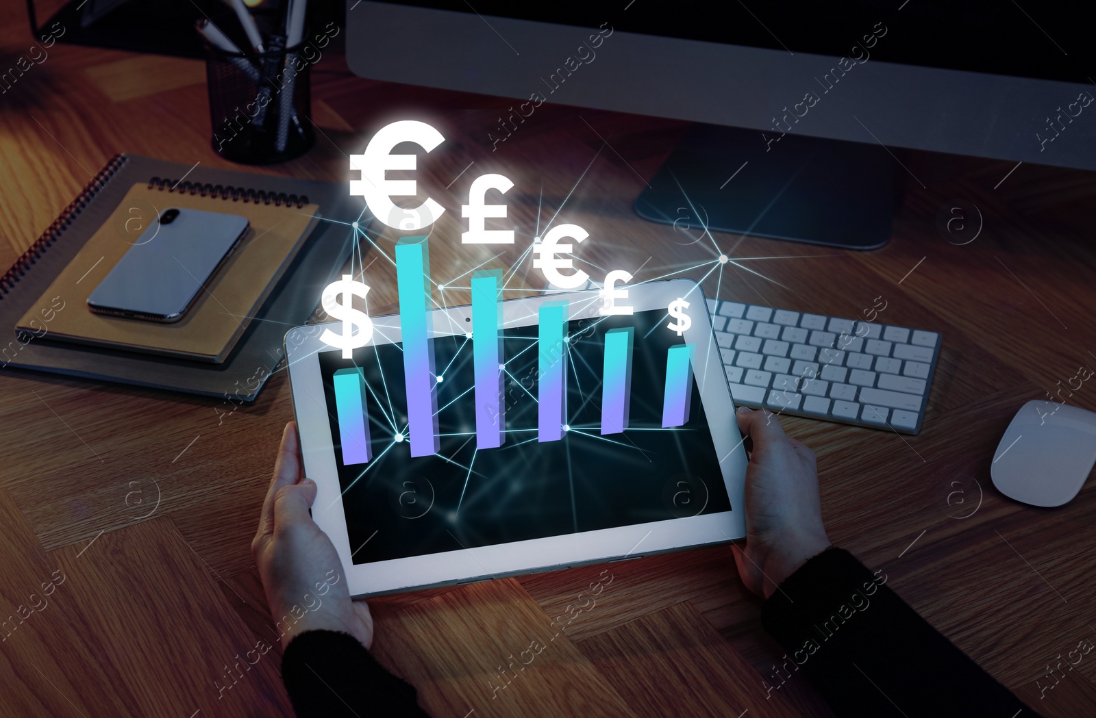 Image of Fintech concept. Woman using tablet at table and digital graphic, closeup