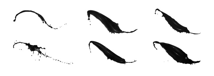 Image of Splashes of glossy black liquid on white background