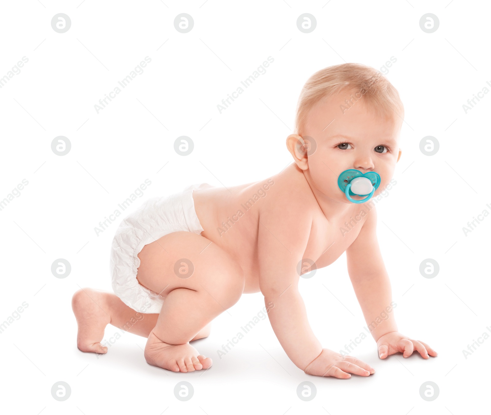 Photo of Cute little baby crawling on white background