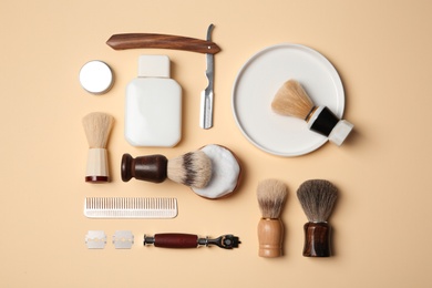 Photo of Flat lay composition with shaving accessories for men on color background