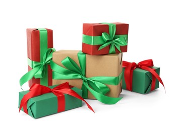 Photo of Different beautifully wrapped gift boxes on white background