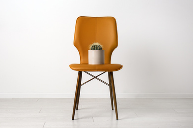 Photo of Chair with cactus near white wall. Hemorrhoids concept