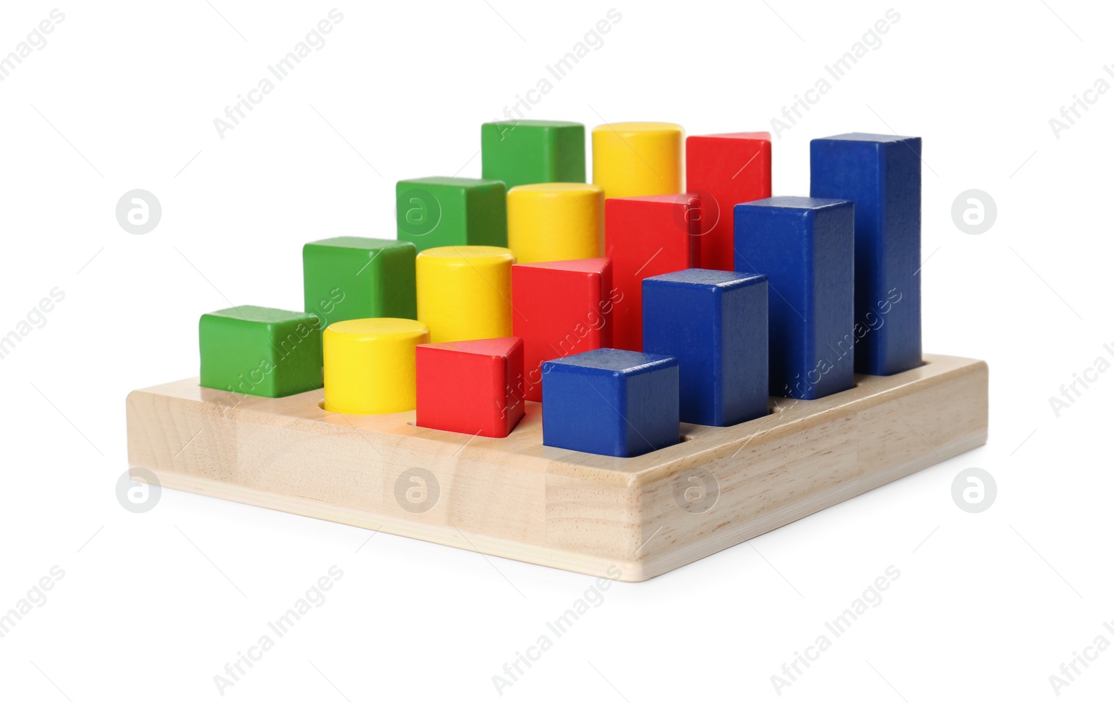 Photo of Wooden sorter with colorful geometric figures isolated on white. Children's toy