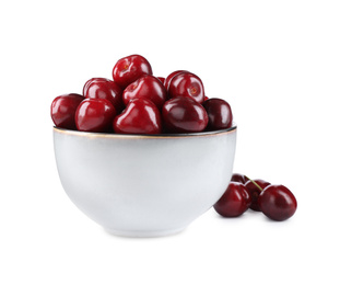 Photo of Tasty ripe red cherries and bowl isolated on white