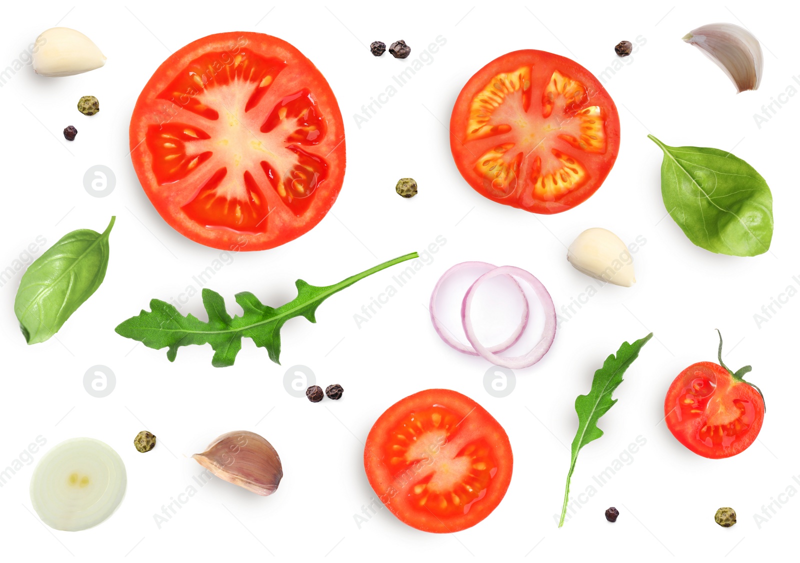 Image of Fresh ripe tomatoes with garlic, onion, basil, arugula and peppercorns on white background, top view