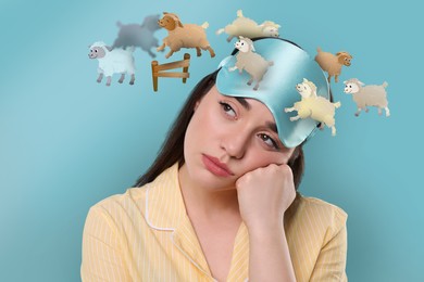 Image of Insomnia. Tired woman with blindfold trying to fall asleep on light blue background. Illustrations of sheep running around her head