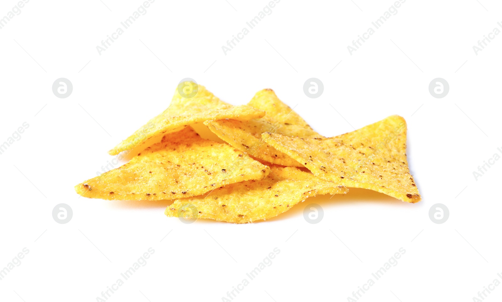 Photo of Pile of tasty Mexican nachos chips on white background