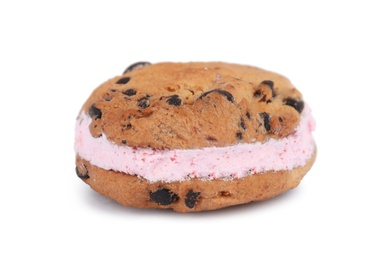 Photo of Sweet delicious ice cream cookie sandwich  on white background