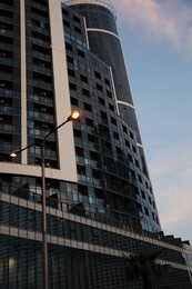 Beautiful skyscraper in evening, low angle view