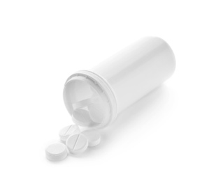 Photo of Container with pills on white background