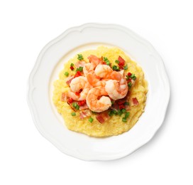 Photo of Plate with fresh tasty shrimps, bacon, grits, green onion and pepper isolated on white, top view