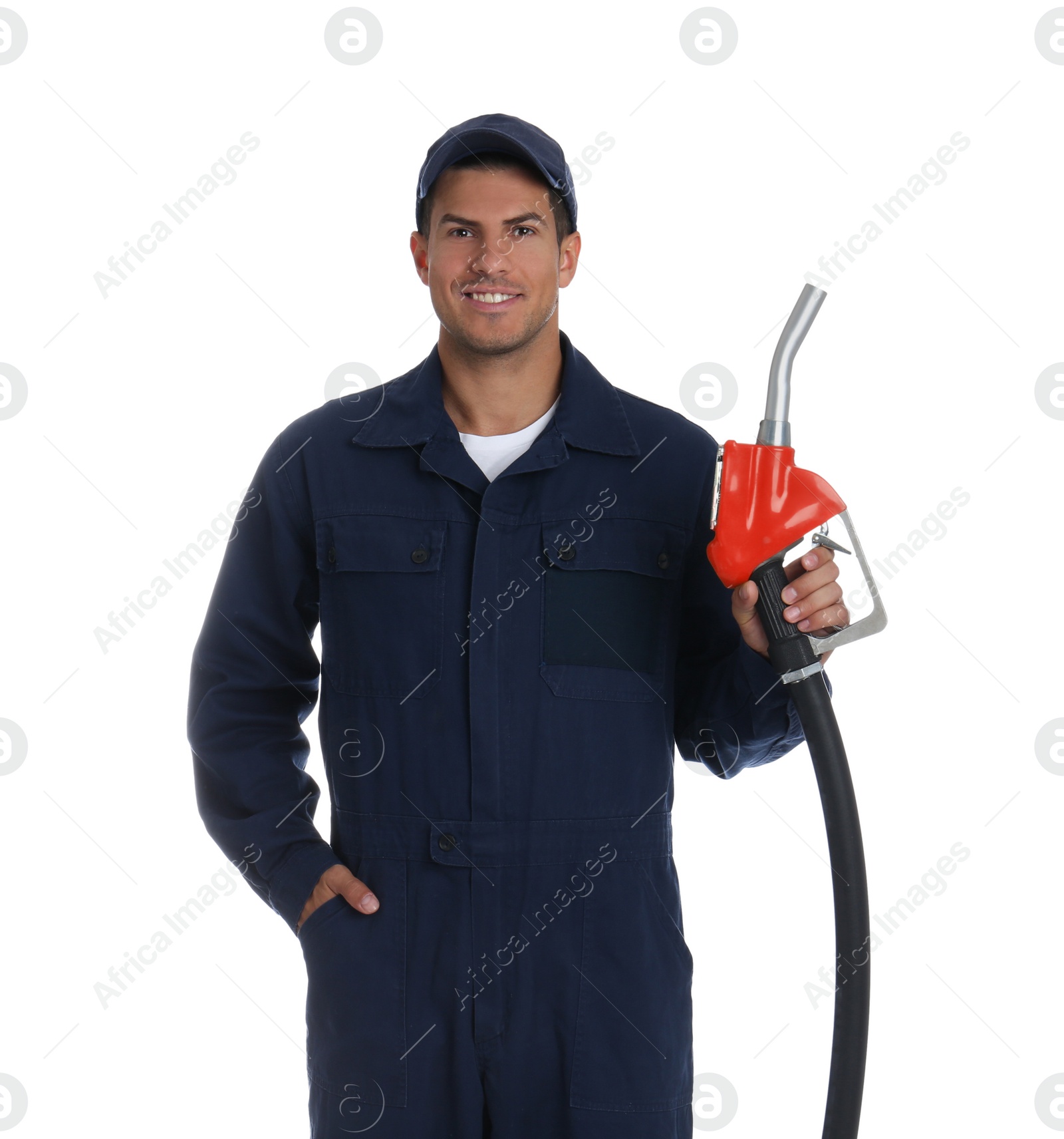 Photo of Gas station worker with fuel nozzle on white background