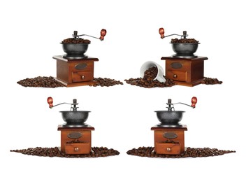 Image of Set with vintage manual coffee grinders on white background 