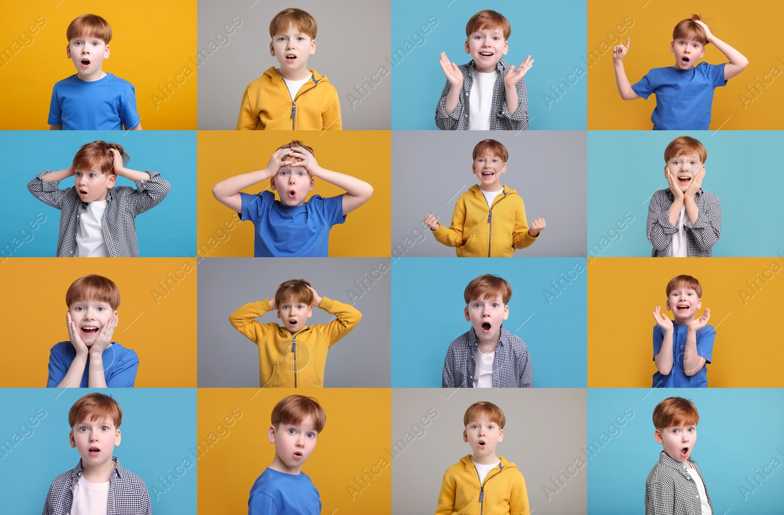 Image of Collage with photos of surprised boy on different color backgrounds