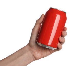 Woman holding red aluminum can on white background, closeup