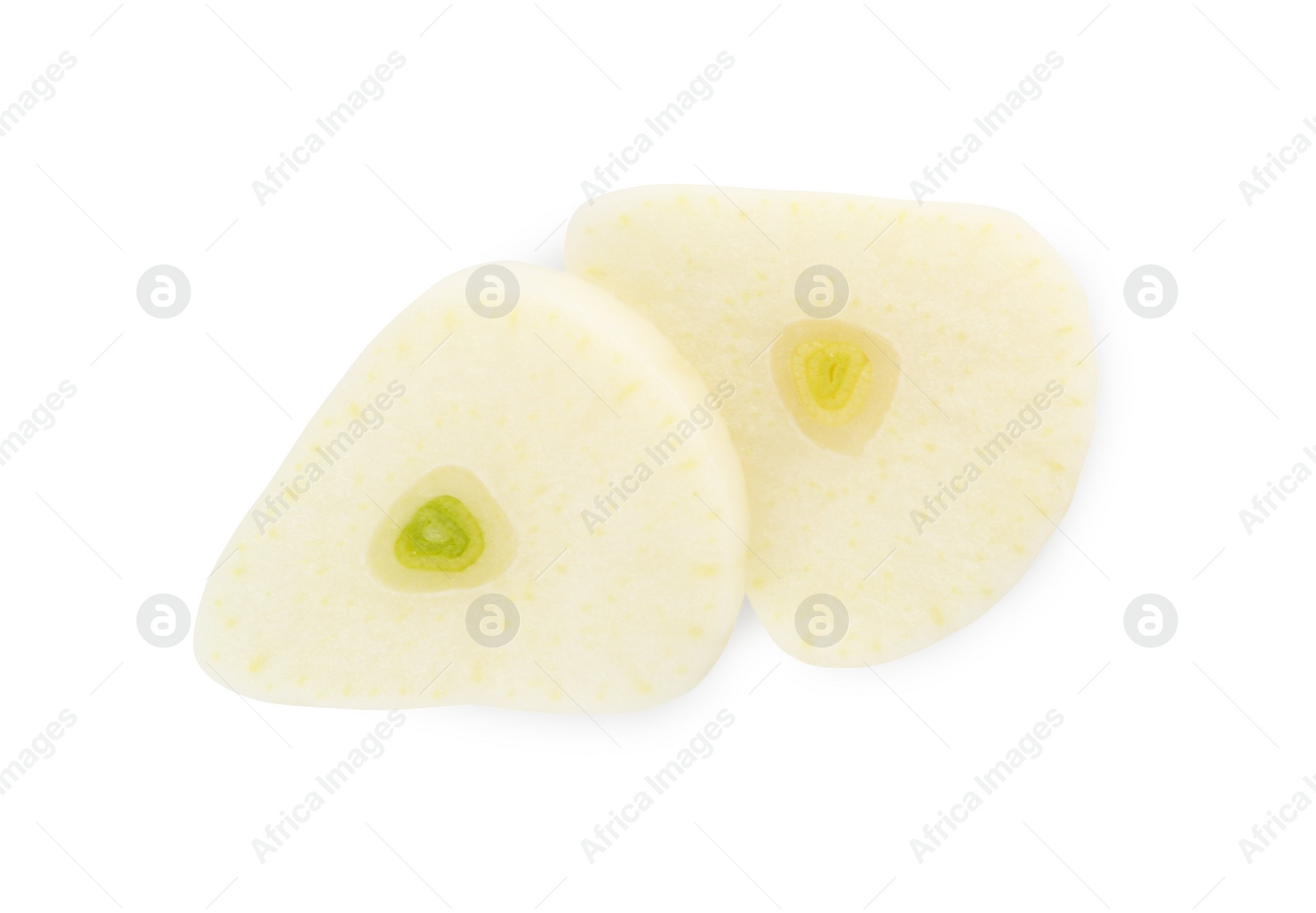 Photo of Pieces of fresh garlic isolated on white, top view
